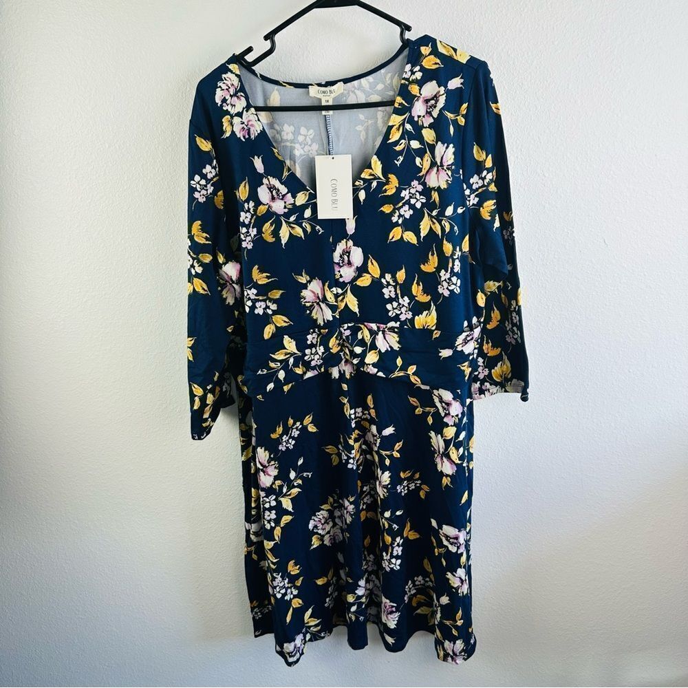 Como Blu Navy Floral MIDI Dress Size 1X NWT‎